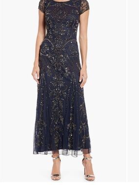 Embellished Navy Tulle Cocktail Dress with Beading